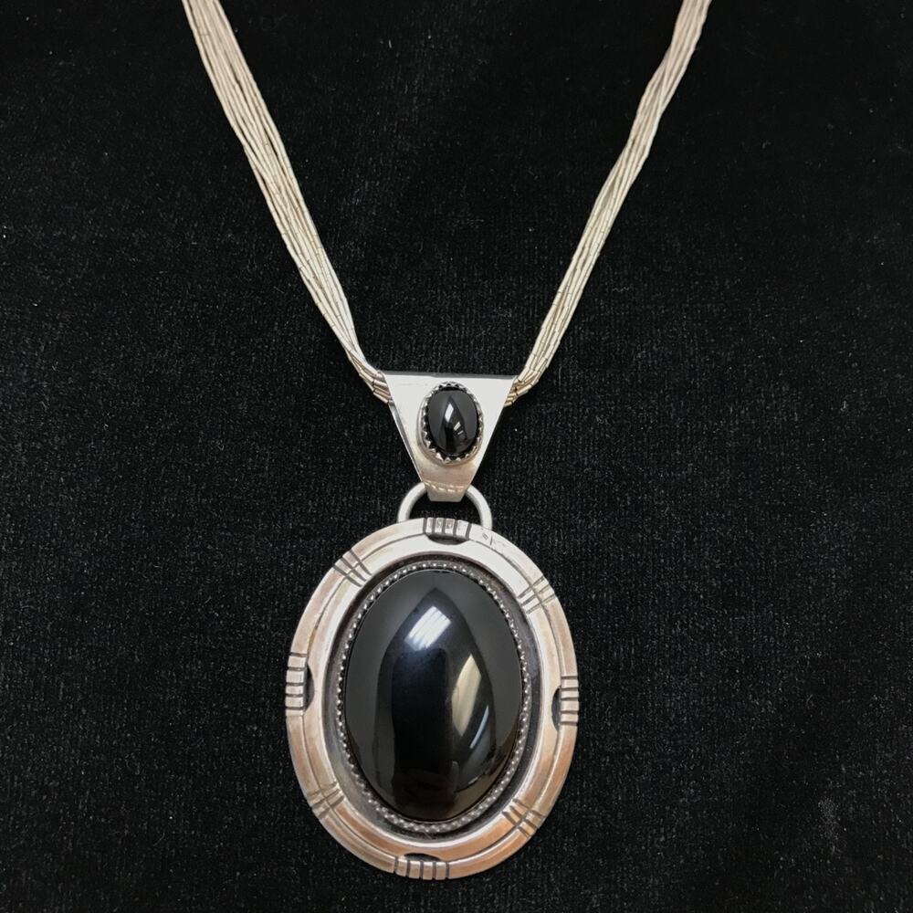 Sterling Silver Southwestern Liquid Silver Black Onyx Multi Chain Necklace 34g